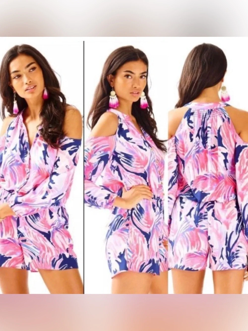 Lilly Pulitzer Sunny Shoulder Silk Elsa Romper – Paradise Point Blue/Pink – XL - Picture 2 of 6